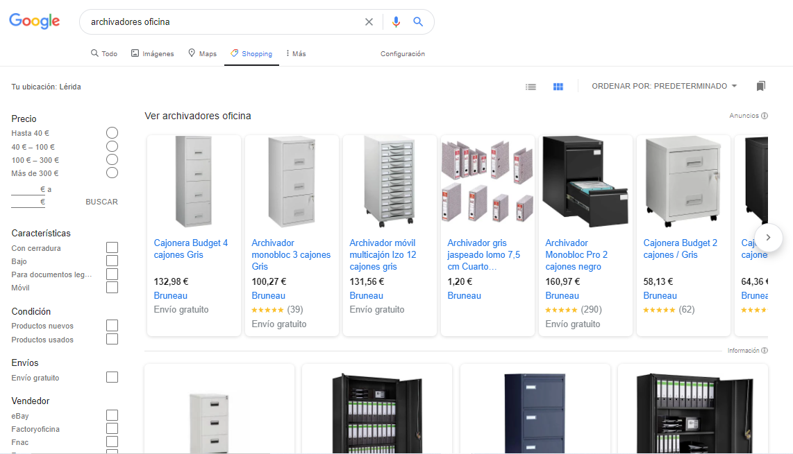 Productos en la pestaña de Google Shopping