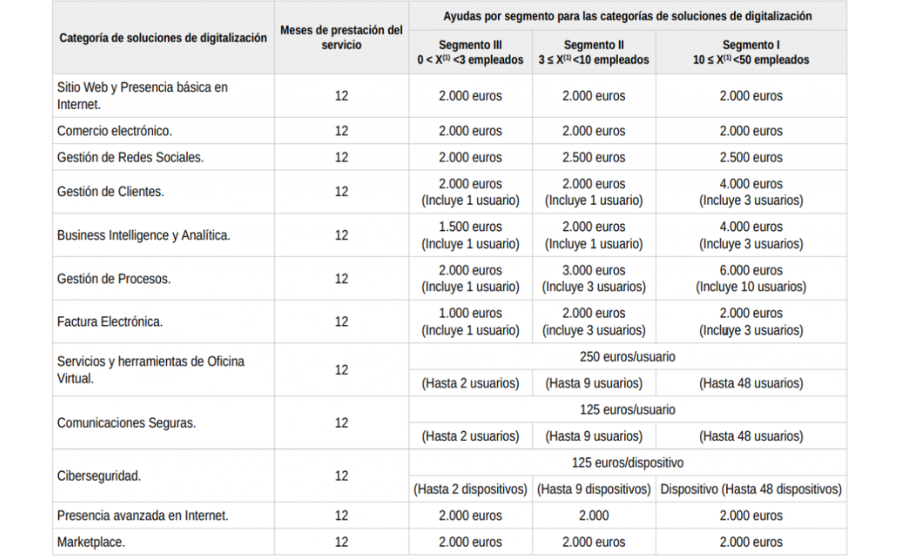 Kit Digital_Importes máximos de ayuda por Categoría de Soluciones de Digitalización y segmento